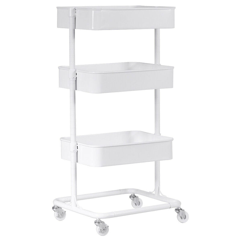3 Tier Metal Rolling Storage Cart Mobile Organizer W/Adjustable Shelves White