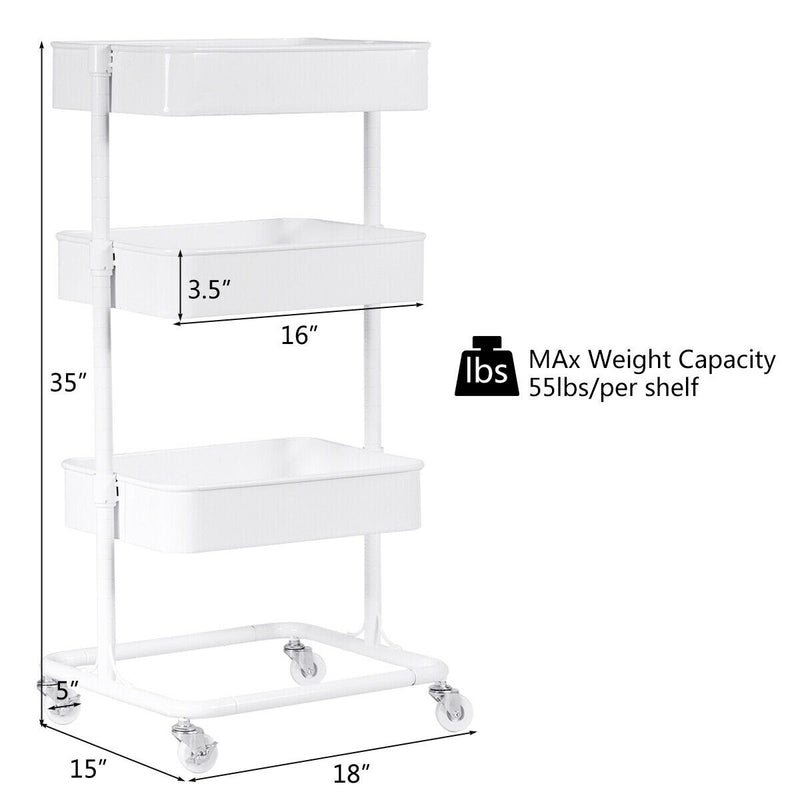 3 Tier Metal Rolling Storage Cart Mobile Organizer W/Adjustable Shelves White