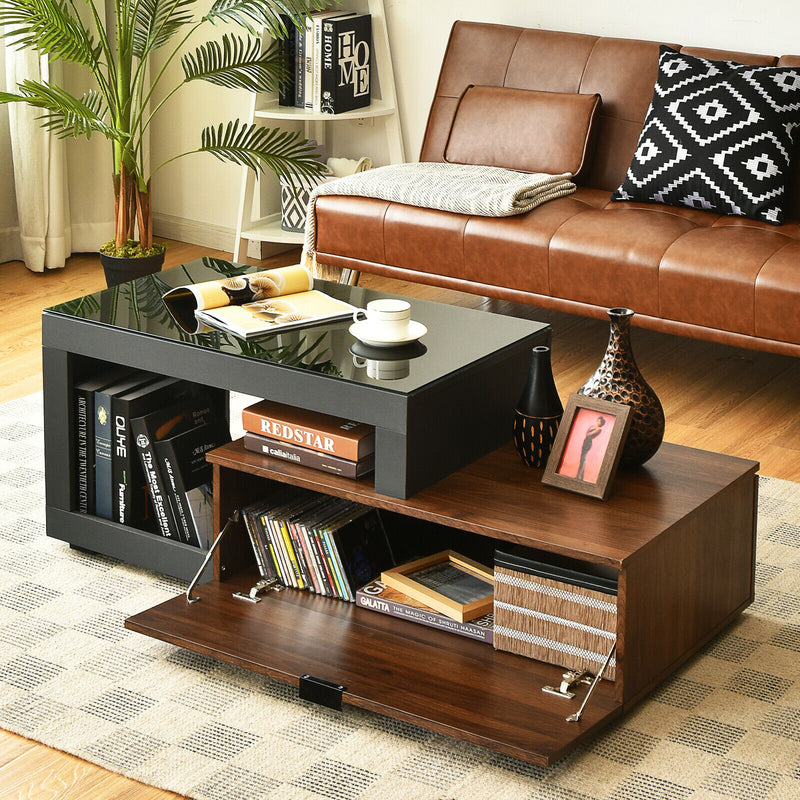 Modern Coffee Table Chic Glass Top Cocktail Tea Table w/ Storage Cabinet HV10003