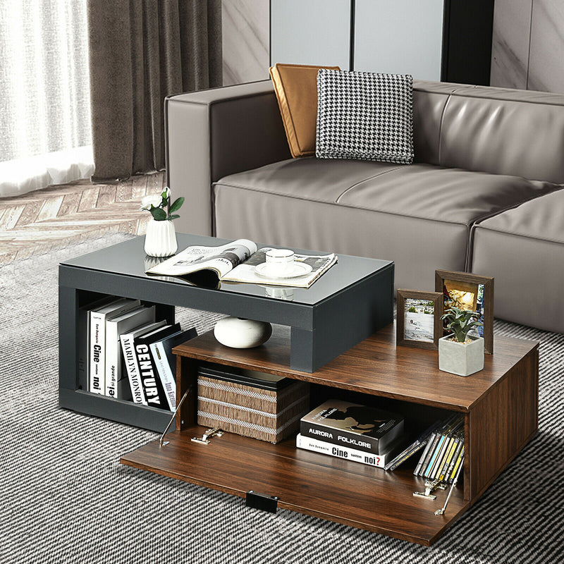 Modern Coffee Table Chic Glass Top Cocktail Tea Table w/ Storage Cabinet HV10003