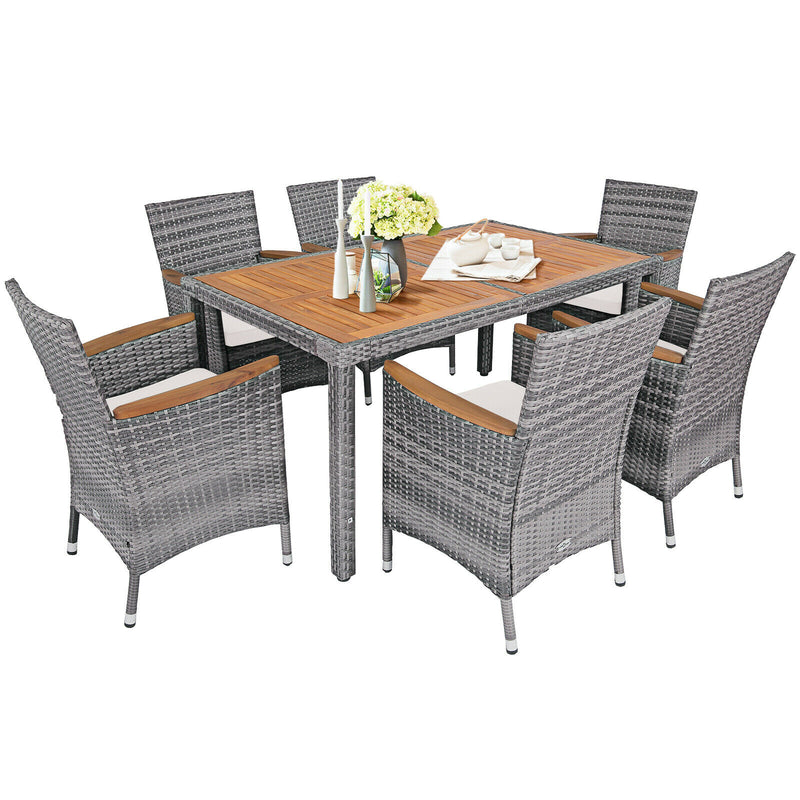 7PCS Patio Rattan Dining Set Cushioned Chair Wood Table Mix Gray HW67571+