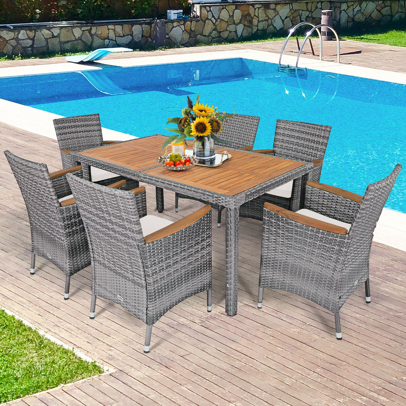 7PCS Patio Rattan Dining Set Cushioned Chair Wood Table Mix Gray HW67571+