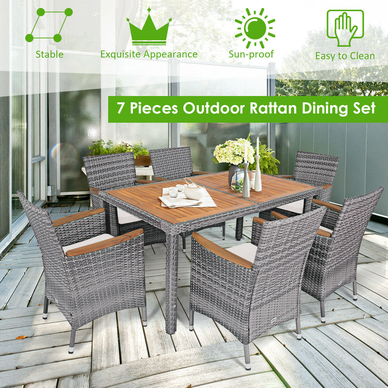 7PCS Patio Rattan Dining Set Cushioned Chair Wood Table Mix Gray HW67571+