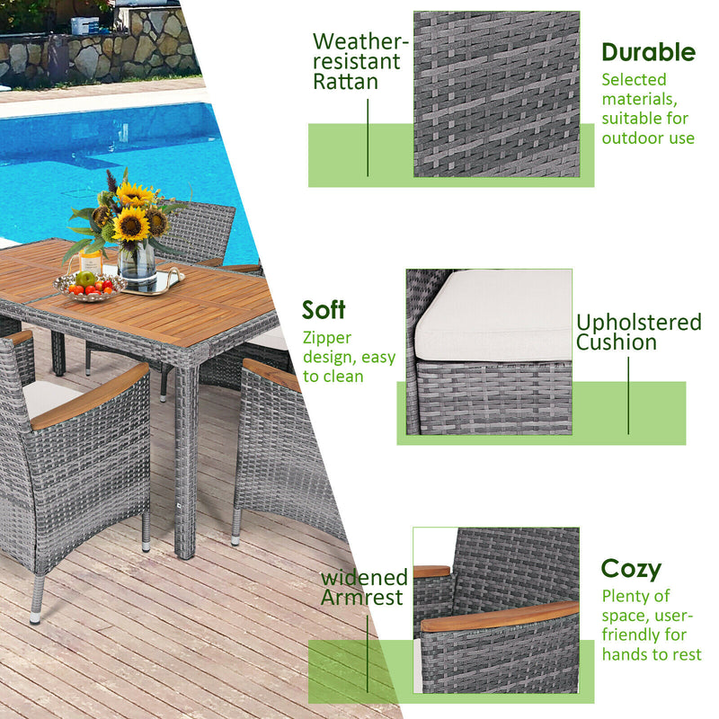 7PCS Patio Rattan Dining Set Cushioned Chair Wood Table Mix Gray HW67571+