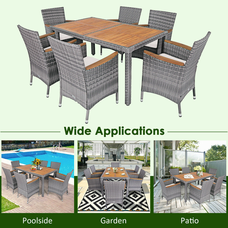 7PCS Patio Rattan Dining Set Cushioned Chair Wood Table Mix Gray HW67571+