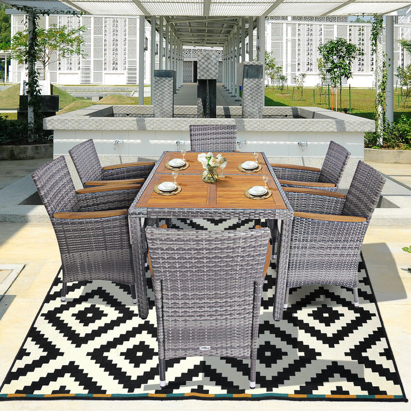 7PCS Patio Rattan Dining Set Cushioned Chair Wood Table Mix Gray HW67571+