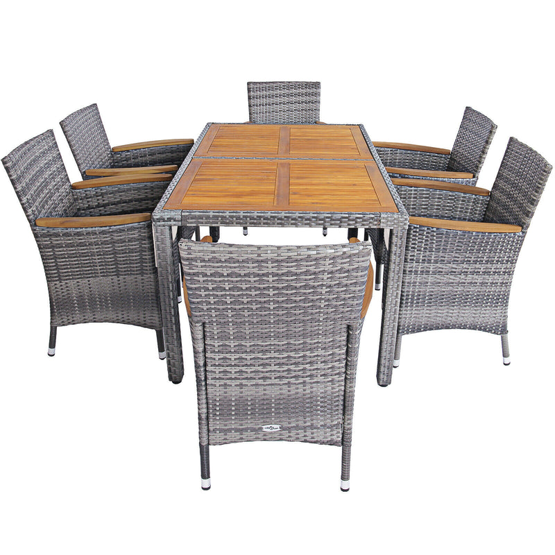 7PCS Patio Rattan Dining Set Cushioned Chair Wood Table Mix Gray HW67571+