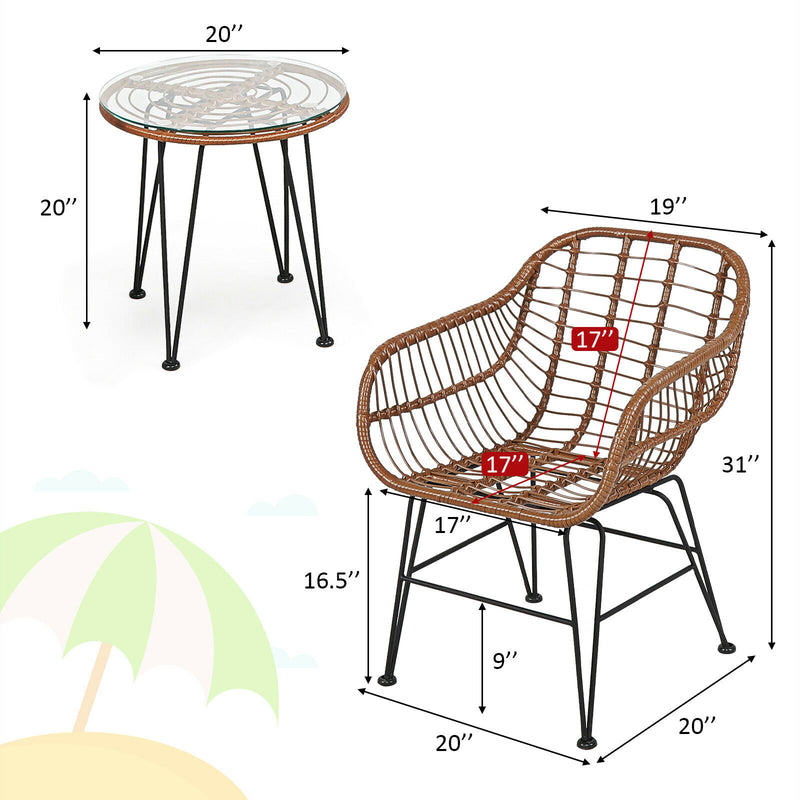 3PCS Patio Rattan Bistro Set Coffee Table Armchair Garden Beige Cushion OP70837WH