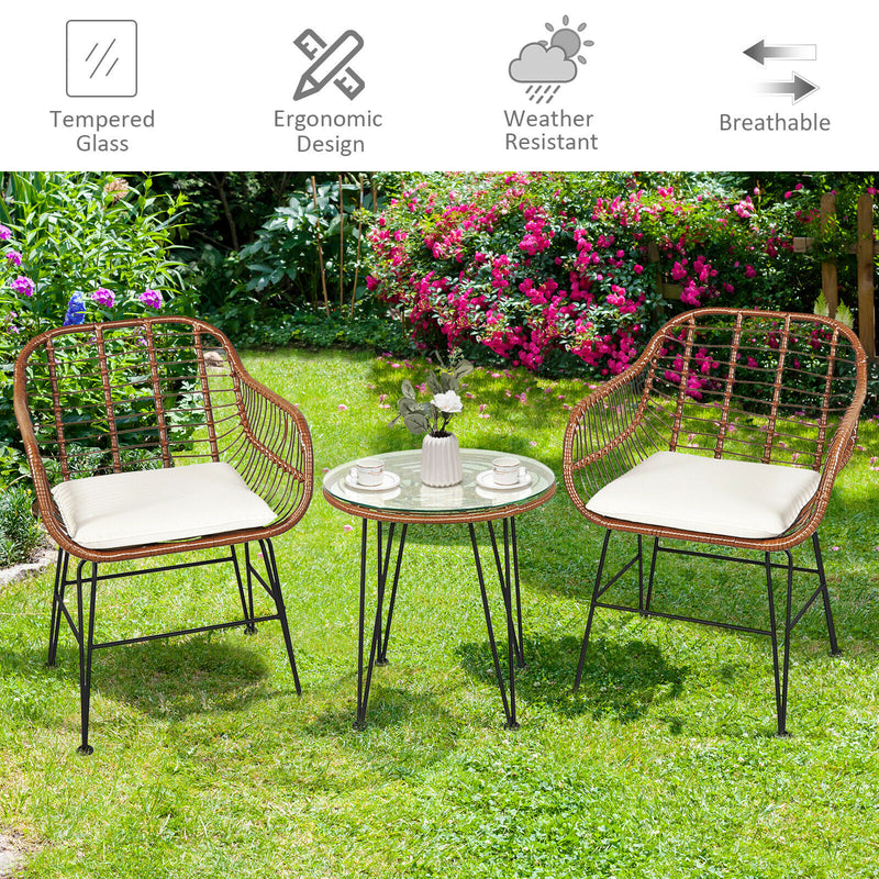 3PCS Patio Rattan Bistro Set Coffee Table Armchair Garden Beige Cushion OP70837WH