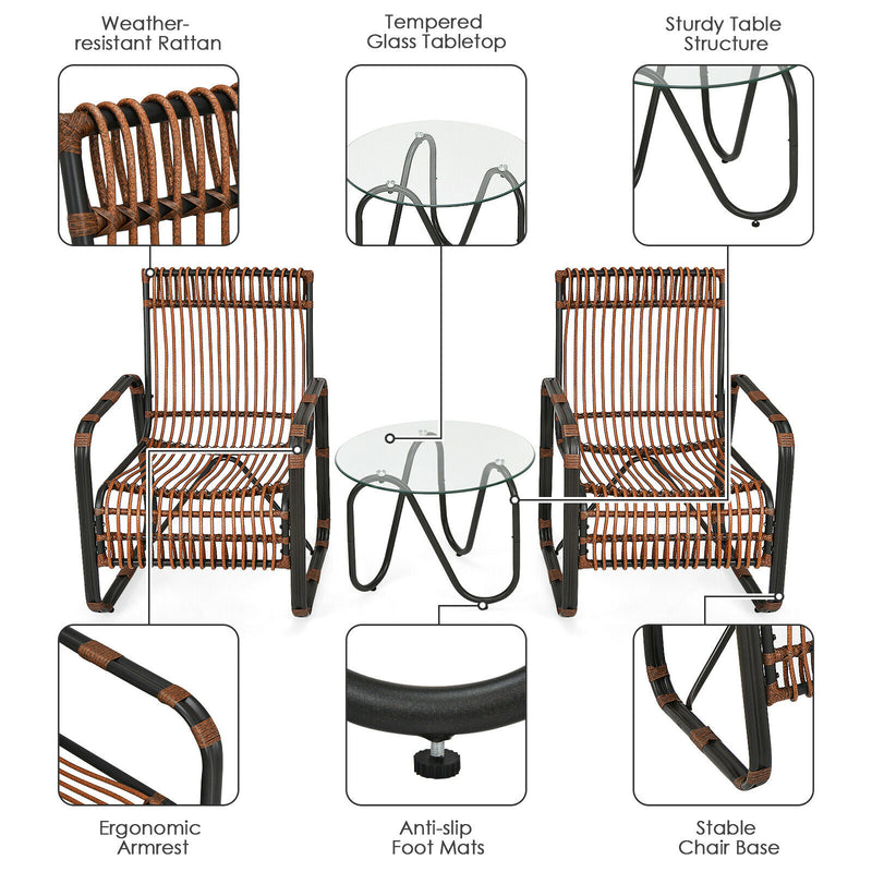 3PCS Patio Rattan Furniture Set Conversational Sofa Coffee Table Garden HW64404