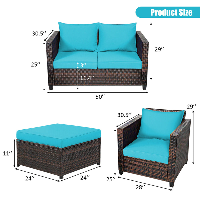5PCS Patio Rattan Furniture Set Loveseat Sofa Ottoman Cushion HW67697