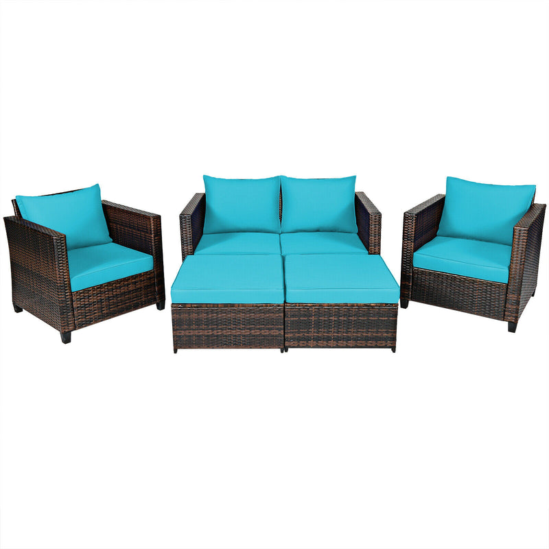 5PCS Patio Rattan Furniture Set Loveseat Sofa Ottoman Cushion HW67697