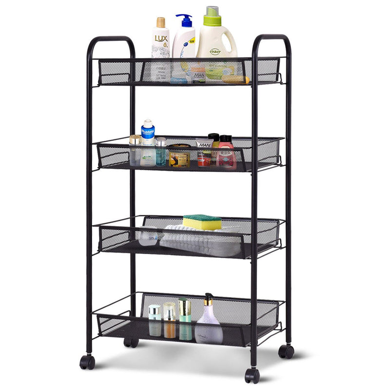 4 Tier Storage Rack Trolley Cart Home Kitchen Organizer Utility Baskets Black