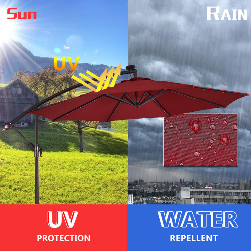 10' Hanging Solar LED Umbrella Patio Sun Shade Offset Market W/Base Burgundy