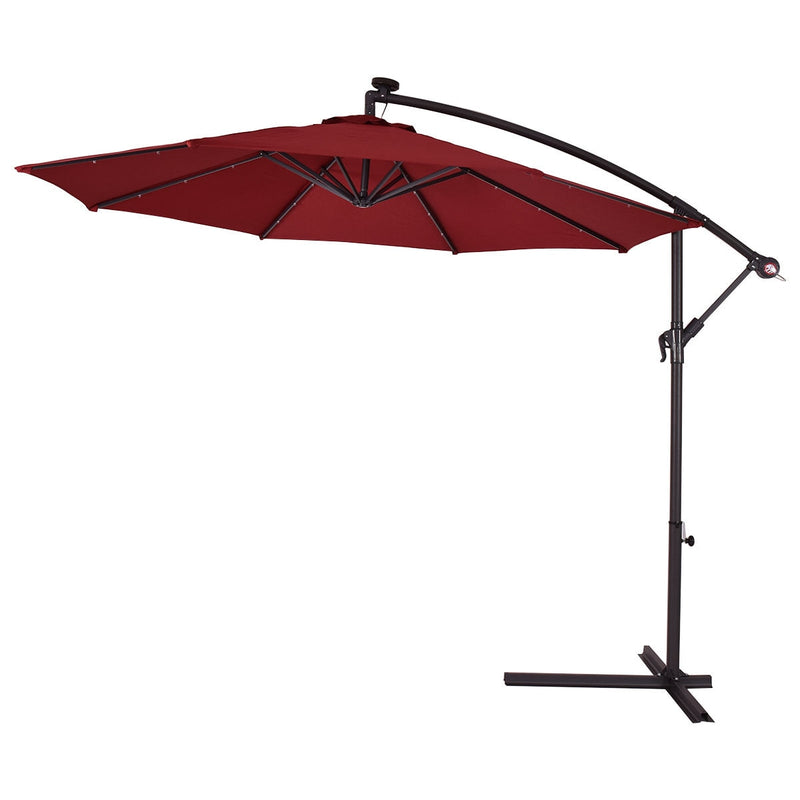 10' Hanging Solar LED Umbrella Patio Sun Shade Offset Market W/Base Burgundy