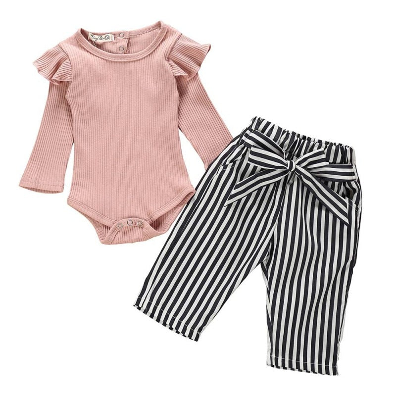 New Autumn Baby Girl Adorable Long Sleeve Romper Tops Stripe Print Trousers Outfits Autumn Clothes