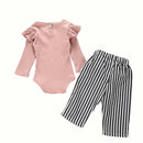New Autumn Baby Girl Adorable Long Sleeve Romper Tops Stripe Print Trousers Outfits Autumn Clothes