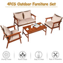 4PCS Patio Rattan Furniture Set Acacia Wood Frame Cushioned Sofa Chair Garden HW66517+