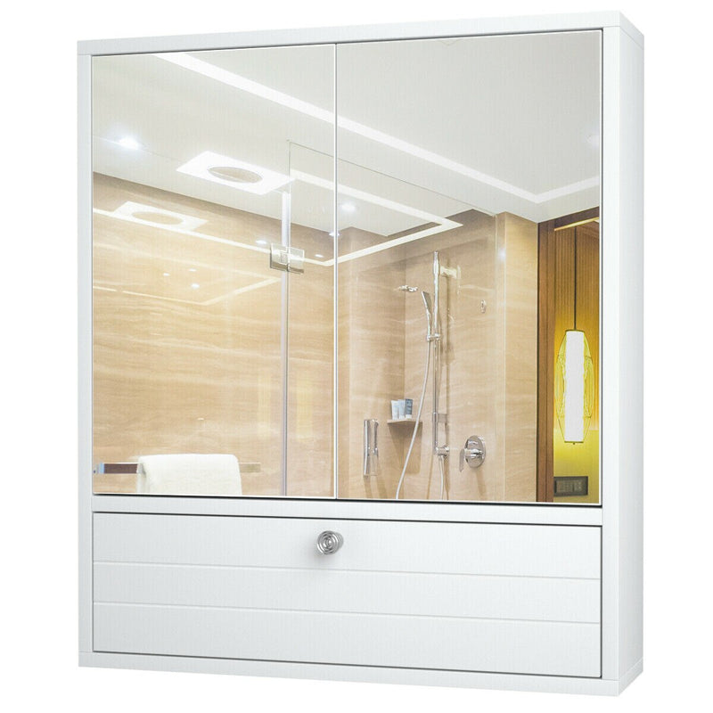 Bathroom Cabinet Double Mirror Door Wall Mount Storage Wood Shelf White