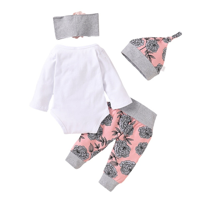 Baby Girl Clothing Newborn Kids Baby Girls Outfits Clothes Romper Bodysuit+Flower Printed Pants+Headband+Hat Set New 2021