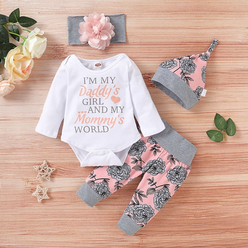 Baby Girl Clothing Newborn Kids Baby Girls Outfits Clothes Romper Bodysuit+Flower Printed Pants+Headband+Hat Set New 2021