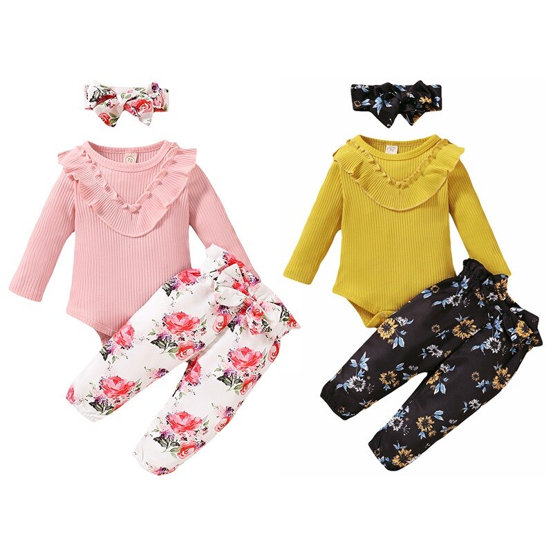 Baby Girl Cute Romper Trouser Set Clothing Long Sleeve Romper Top +Floral Trousers Headband