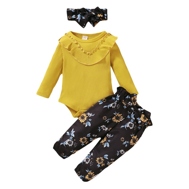 Baby Girl Cute Romper Trouser Set Clothing Long Sleeve Romper Top +Floral Trousers Headband