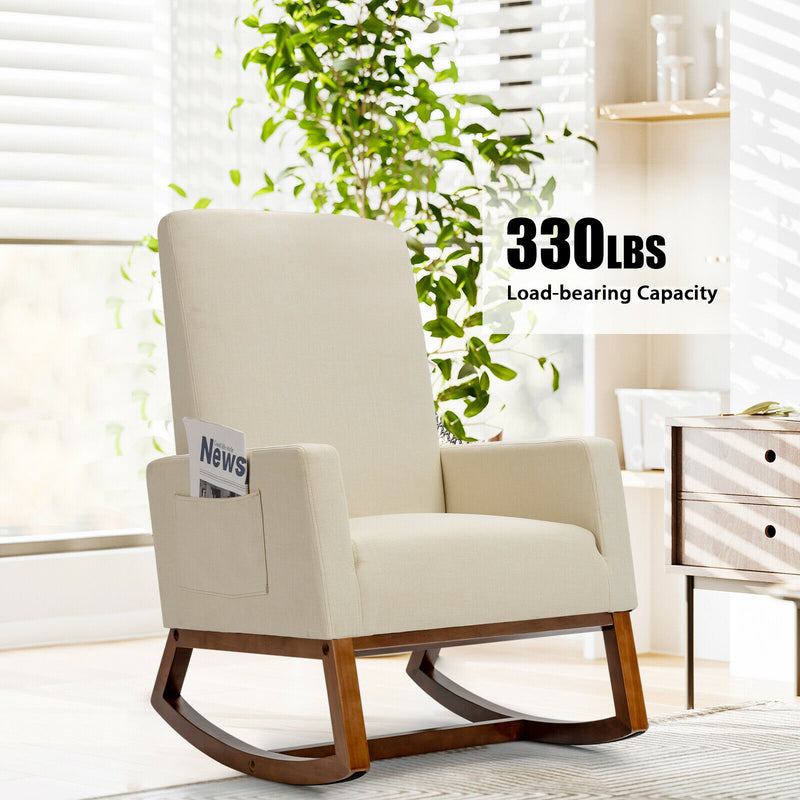 Rocking Chair High Back Upholstered Lounge Armchair w/ Side Pocket HW66977