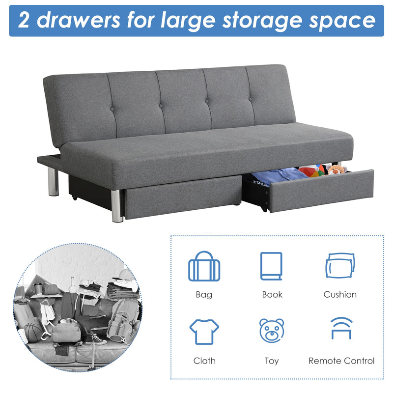 Convertible Futon Sofa Bed Adjustable Couch Sleeper w/ Two Drawers Grey HV10007