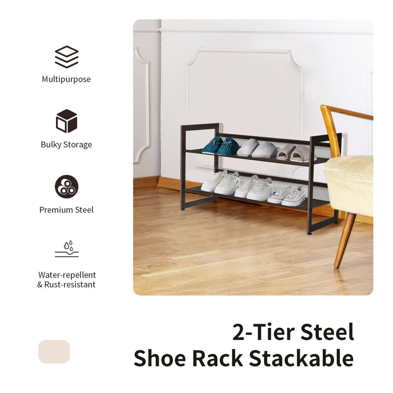 2-Tier Shoe Rack Adjustable to Flat or Slant Shoe Organizer Holder Stand HW66604