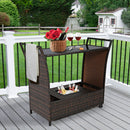 Patio Rattan Bar Serving Cart Wheels Ice Bucket Glass Top Handle Garden HW67182