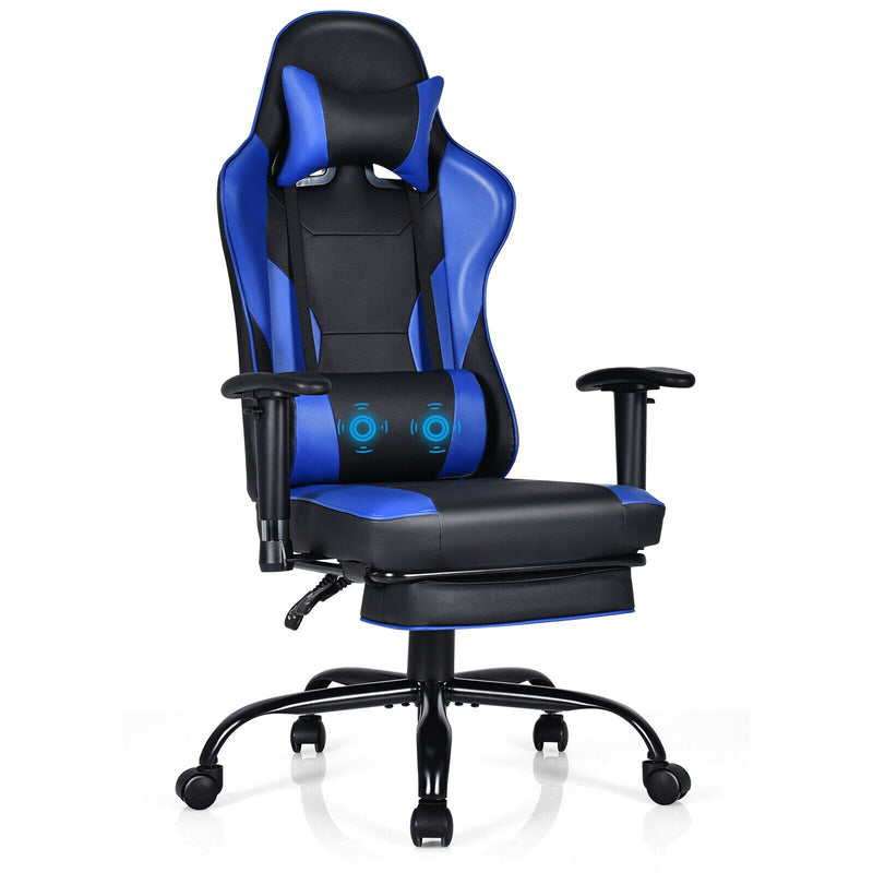 Massage Gaming Chair Racing Computer Task Chair Recliner w/Footrest Blue Black