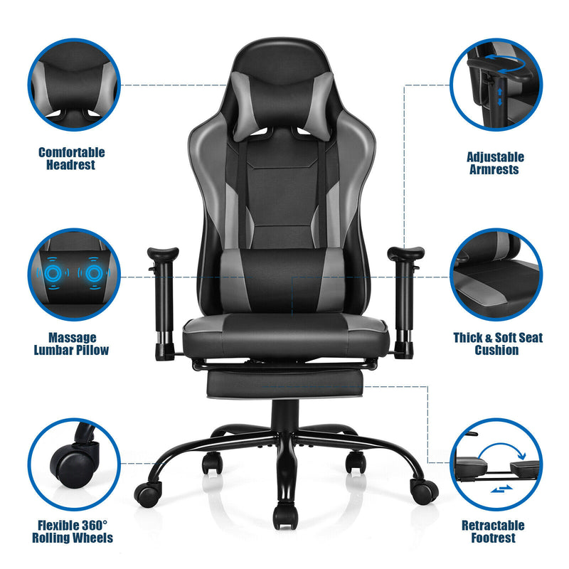 Massage Gaming Chair Racing Computer Task Chair Recliner w/Footrest Blue Black