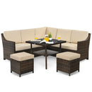 6PC Patio Rattan Dining Sofa Furniture Set Ottoman Table Loveseat Beige HW66925+
