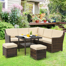 6PC Patio Rattan Dining Sofa Furniture Set Ottoman Table Loveseat Beige HW66925+