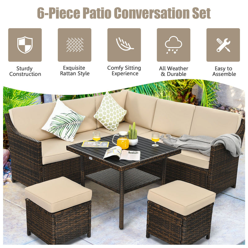 6PC Patio Rattan Dining Sofa Furniture Set Ottoman Table Loveseat Beige HW66925+