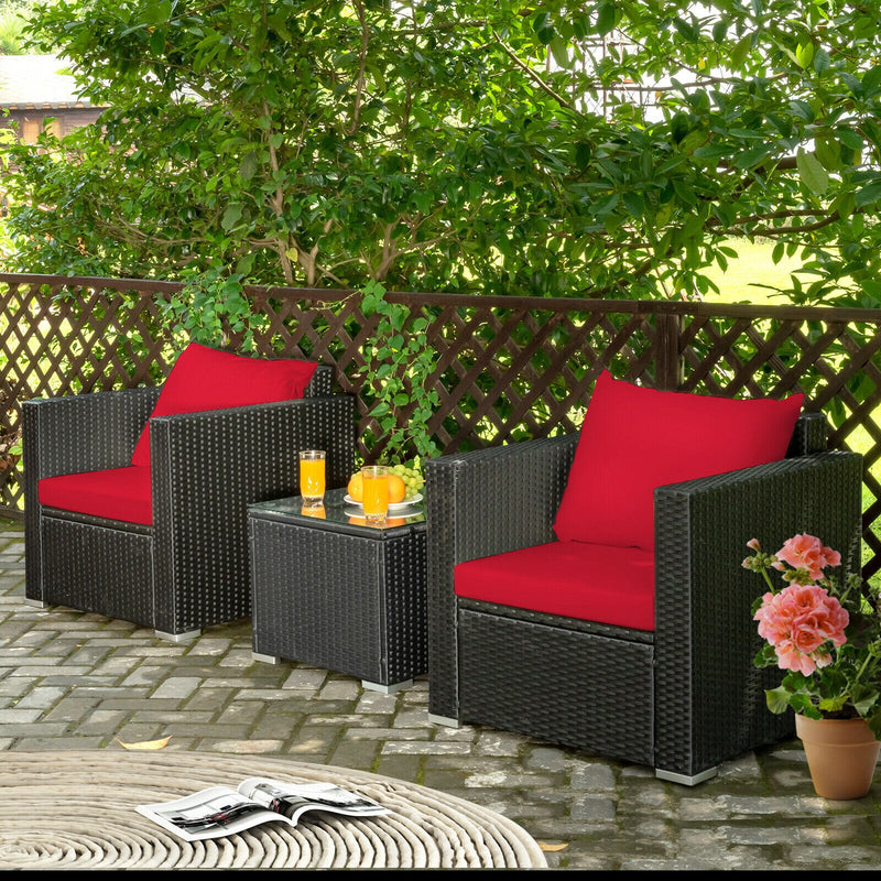 3PCS Patio Rattan Wicker Furniture Set Sofa Table Cushioned Seat HW66529