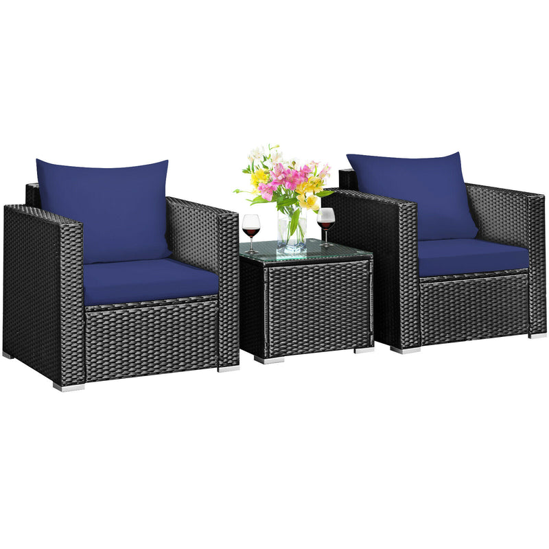 3PCS Patio Rattan Wicker Furniture Set Sofa Table Cushioned Seat HW66529