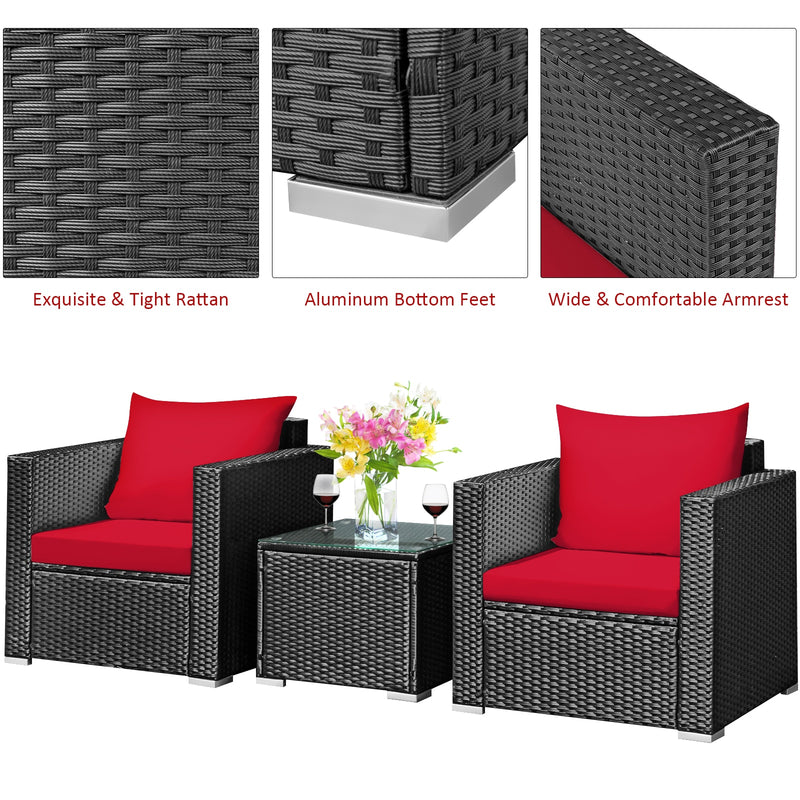 3PCS Patio Rattan Wicker Furniture Set Sofa Table Cushioned Seat HW66529