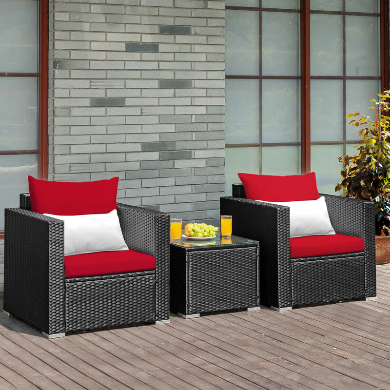 3PCS Patio Rattan Wicker Furniture Set Sofa Table Cushioned Seat HW66529