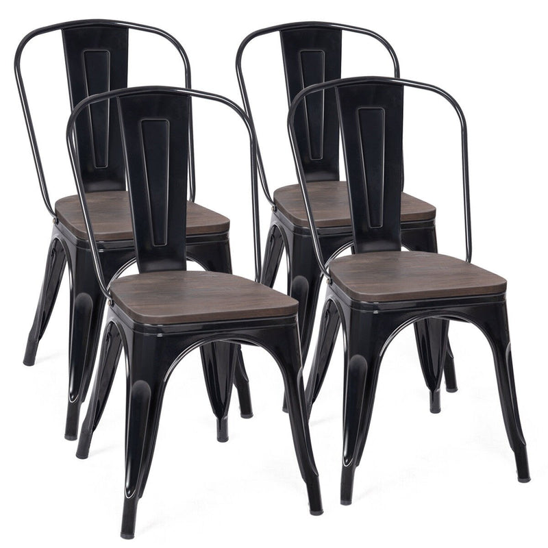 Set of 4 Dining Side Chair Stackable Bistro Metal Wood Stool Black