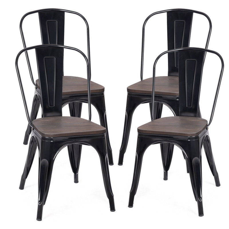 Set of 4 Dining Side Chair Stackable Bistro Metal Wood Stool Black