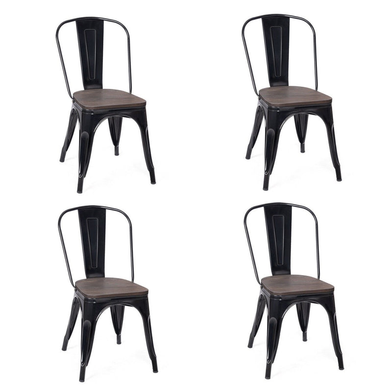 Set of 4 Dining Side Chair Stackable Bistro Metal Wood Stool Black