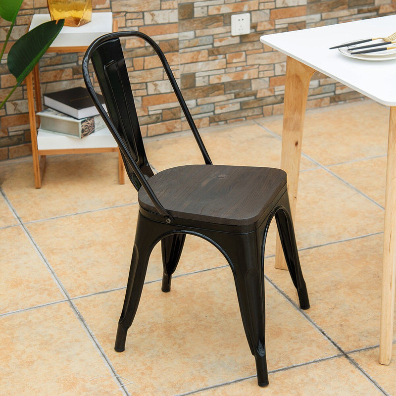 Set of 4 Dining Side Chair Stackable Bistro Metal Wood Stool Black