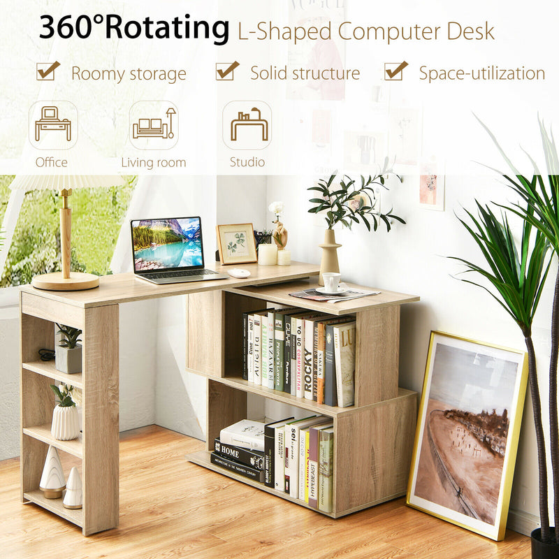 L-Shaped Rotating Corner Computer Desk Study Laptop Table w/ Bookshelves