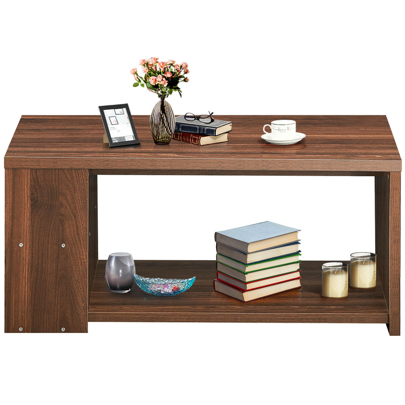 2-Tier Coffee Table Sofa Side Table w/ 2 Shelves for Living Room Walnut