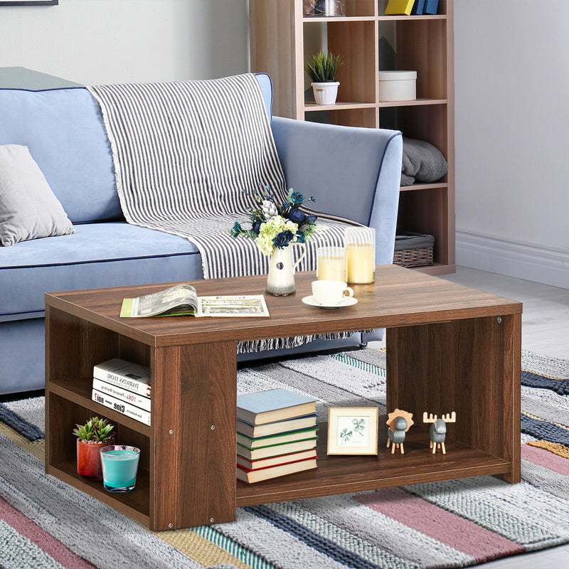 2-Tier Coffee Table Sofa Side Table w/ 2 Shelves for Living Room Walnut