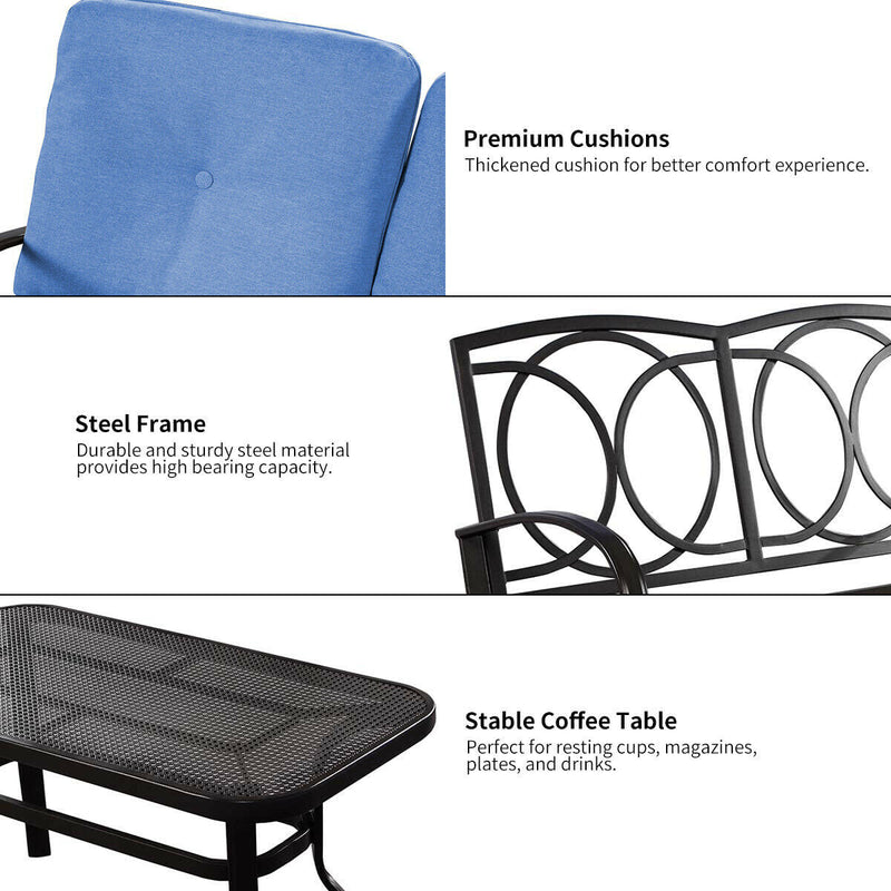 2PC Patio LoveSeat Coffee Table Furniture Set Bench W/ Cushions Blue HW51784TU
