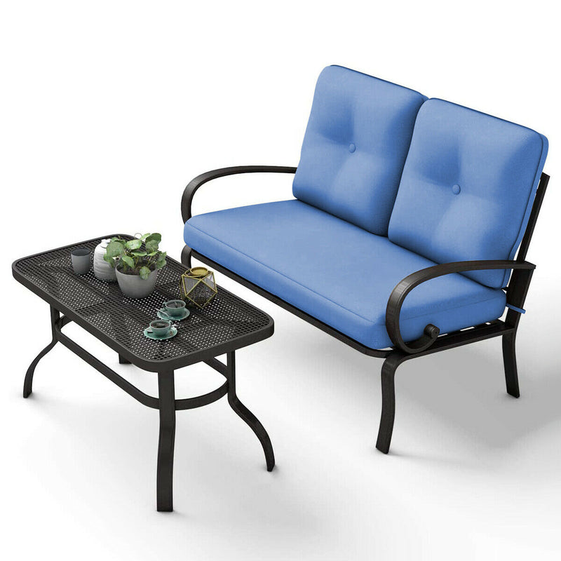 2PC Patio LoveSeat Coffee Table Furniture Set Bench W/ Cushions Blue HW51784TU