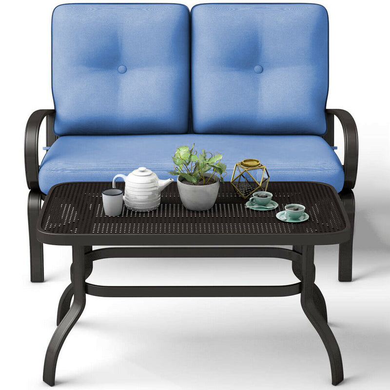2PC Patio LoveSeat Coffee Table Furniture Set Bench W/ Cushions Blue HW51784TU